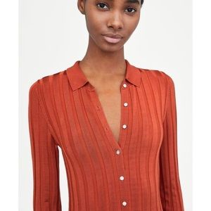 Zara Ribbed Dress with Polo Collar, Brick. Small